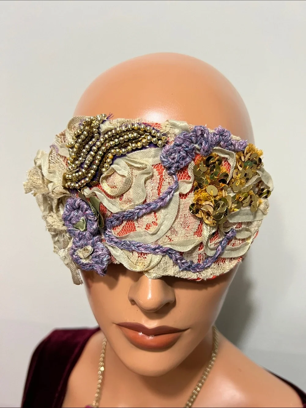 Embellished Cream and Lavender Lace Sleep Mask